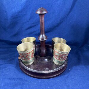 Vintage Brass Shot Glasses With Intricate Red & Green Floral Detailing And Woode